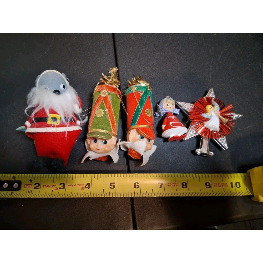 VINTAGE Kitsch 5 CHRISTMAS ORNAMENTS  ELF Soldier Santa Mouse Star Angel Girl